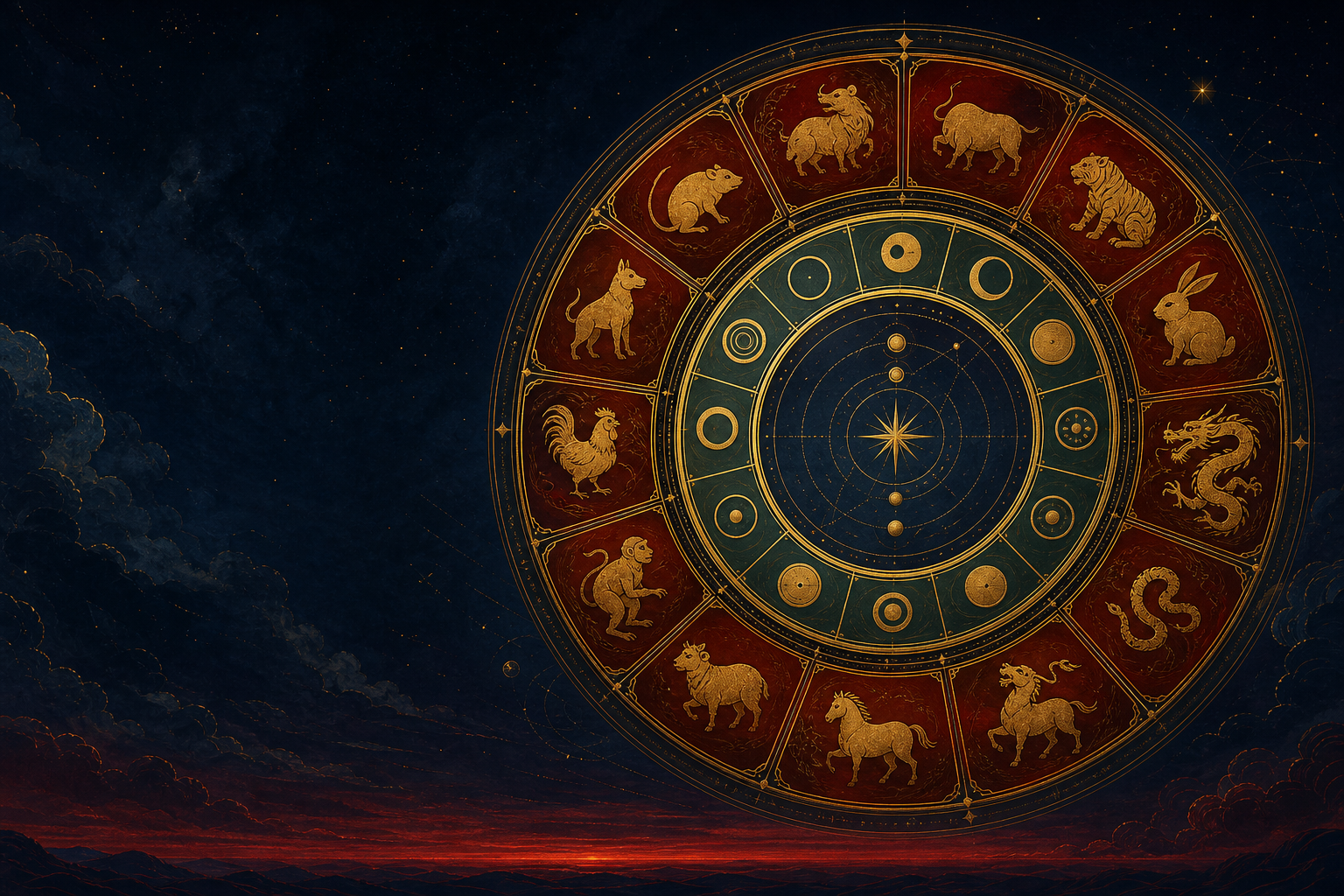 Ilustración de una rueda calendárica dorada con los doce animales del ciclo Gan-Zhi sobre un cielo nocturno.