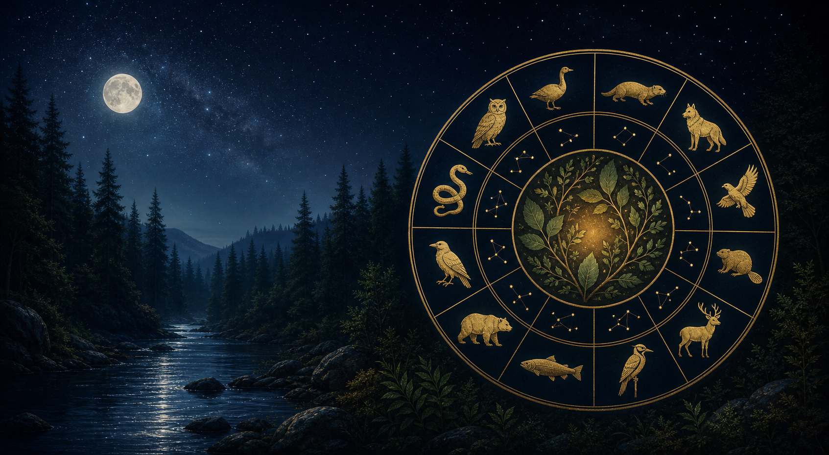 Ilustración de una rueda de animales dorada junto a un bosque y río nocturnos.