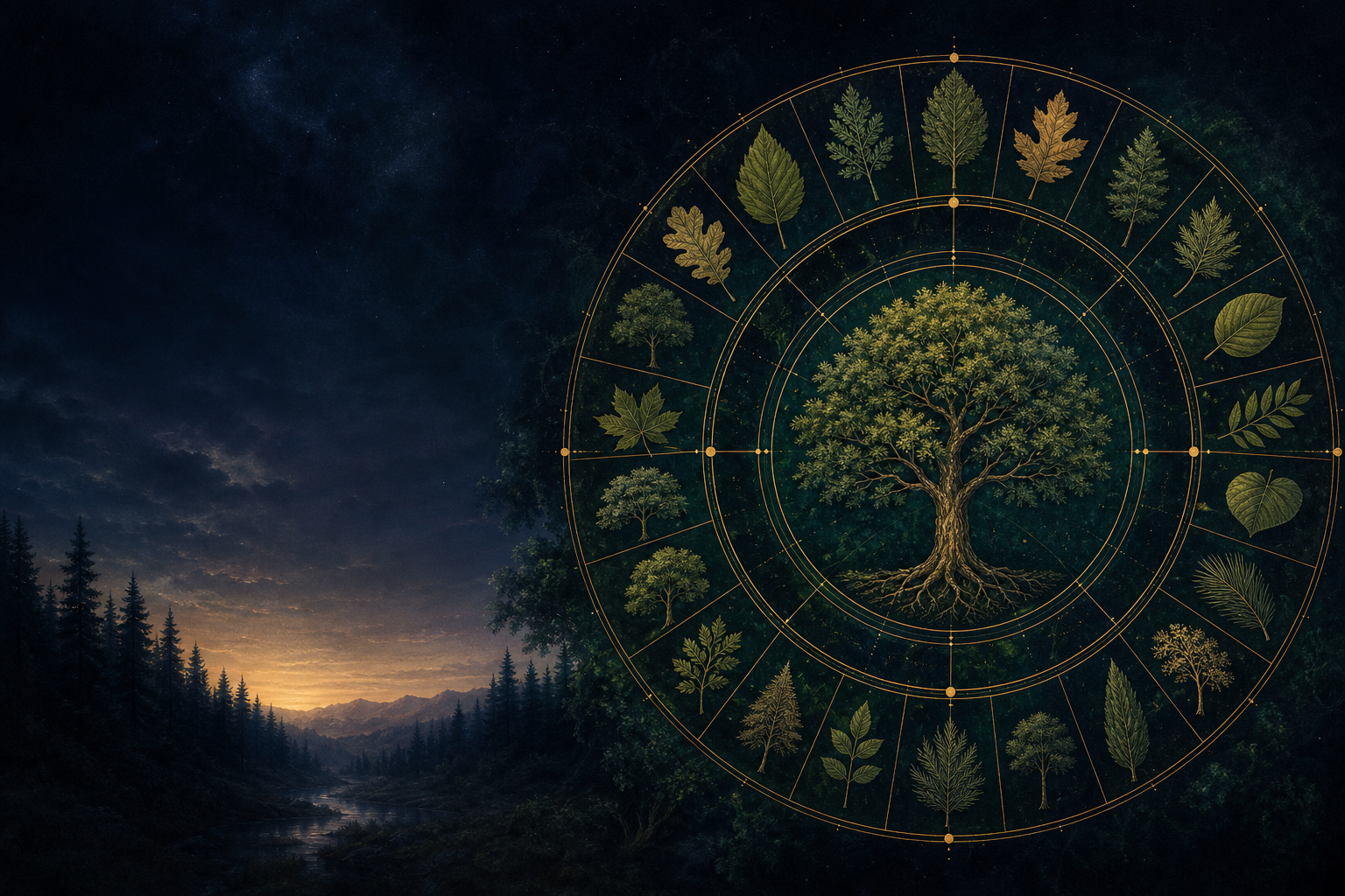 Ilustración de una rueda botánica dorada junto a un bosque nocturno.
