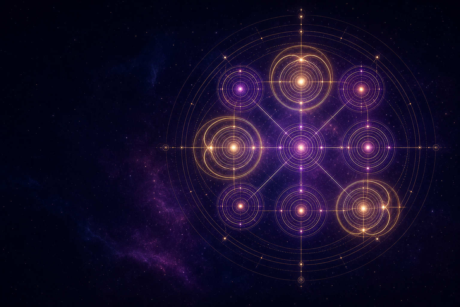Ilustración geométrica de nueve nodos luminosos conectados por círculos concéntricos sobre un cielo violeta.