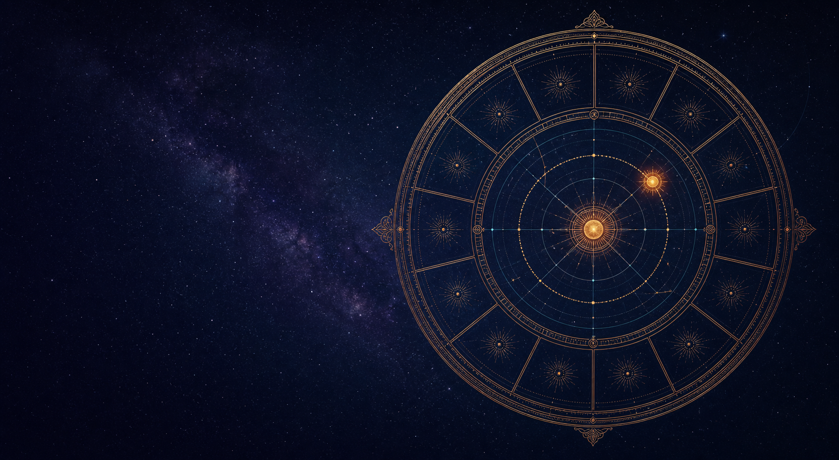 Ilustración de un astrolabio sideral dorado y azul sobre un campo de estrellas.