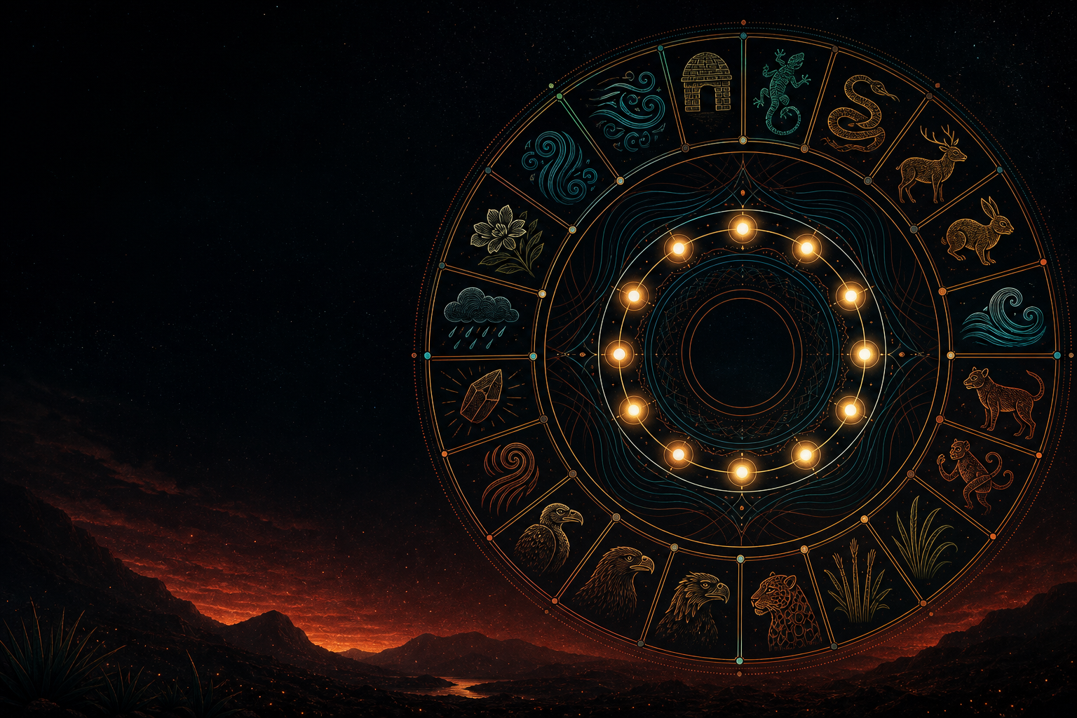 Ilustración de una cuenta circular con veinte signos naturales y trece luces sobre un horizonte nocturno.
