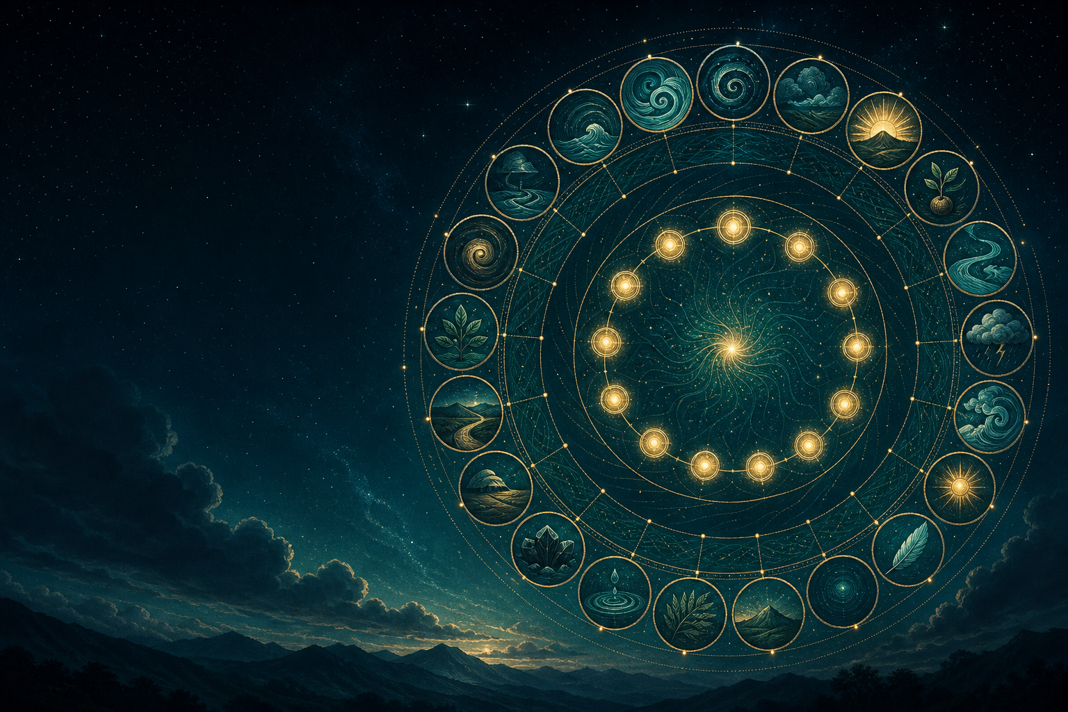 Ilustración de dos ciclos luminosos de veinte y trece posiciones sobre un paisaje nocturno.