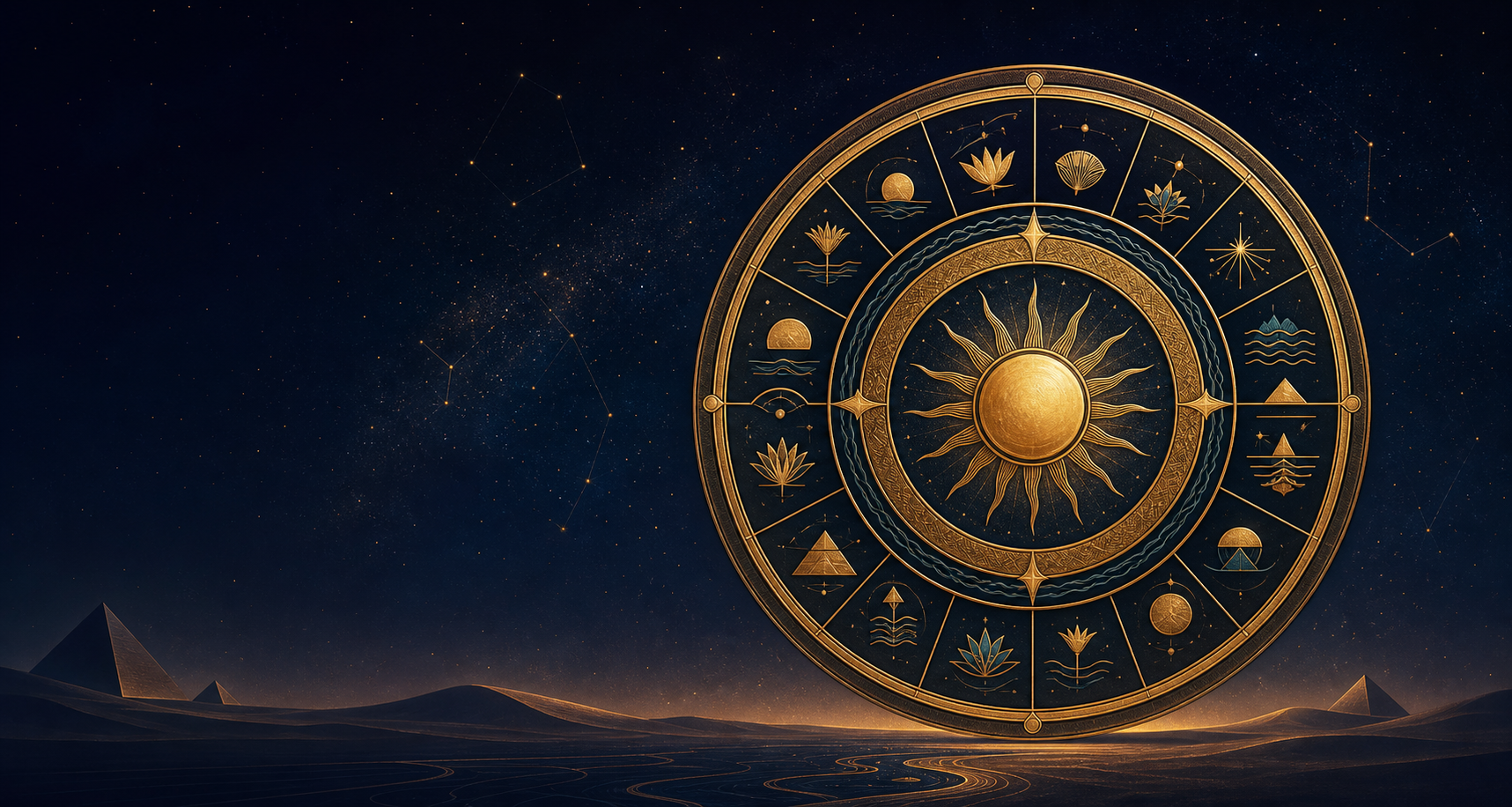 Ilustración de un calendario circular dorado con símbolos de sol, loto y río sobre un paisaje nocturno.