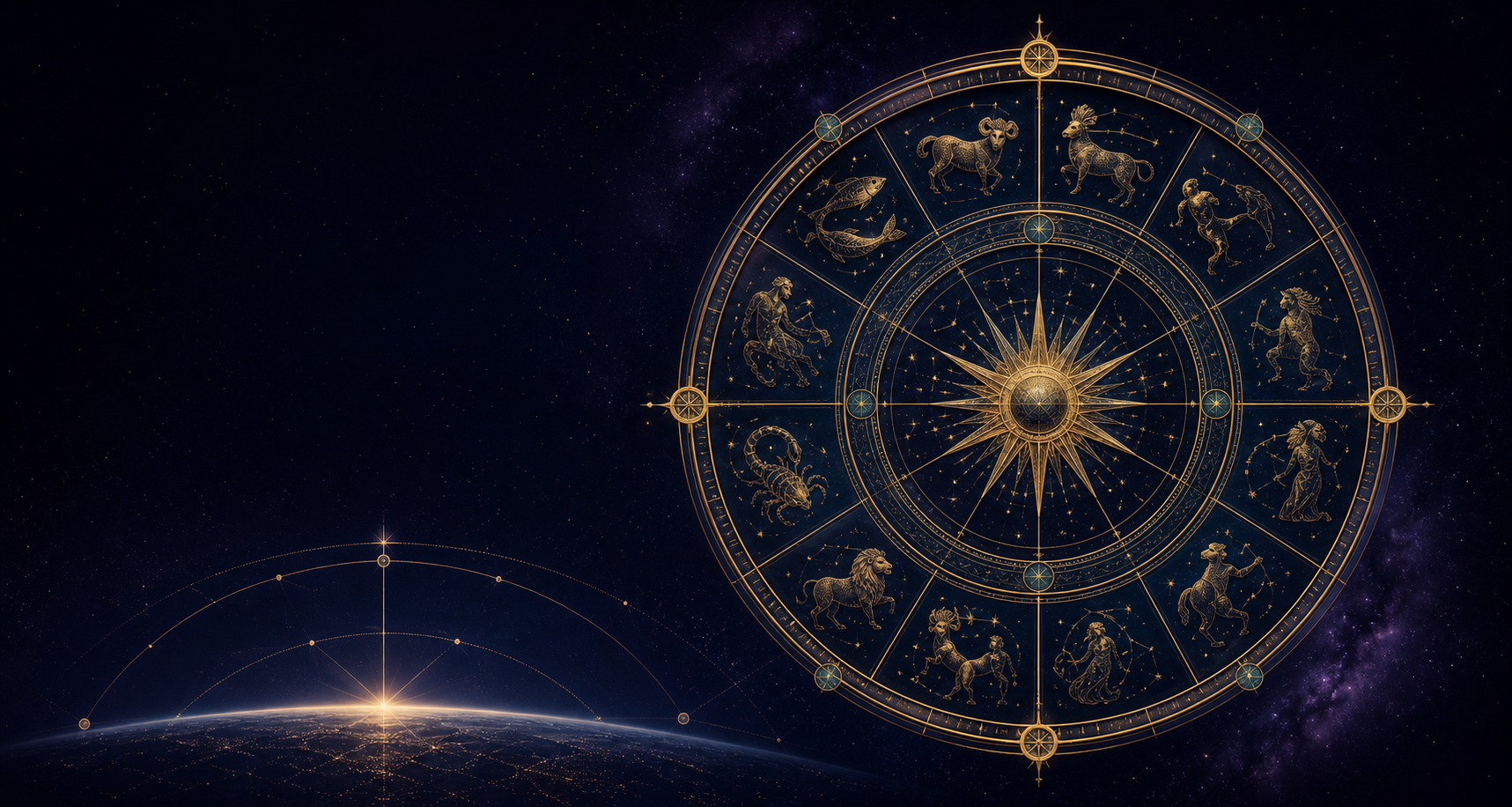 Ilustración de una rueda zodiacal dorada suspendida sobre la Tierra vista desde el espacio.