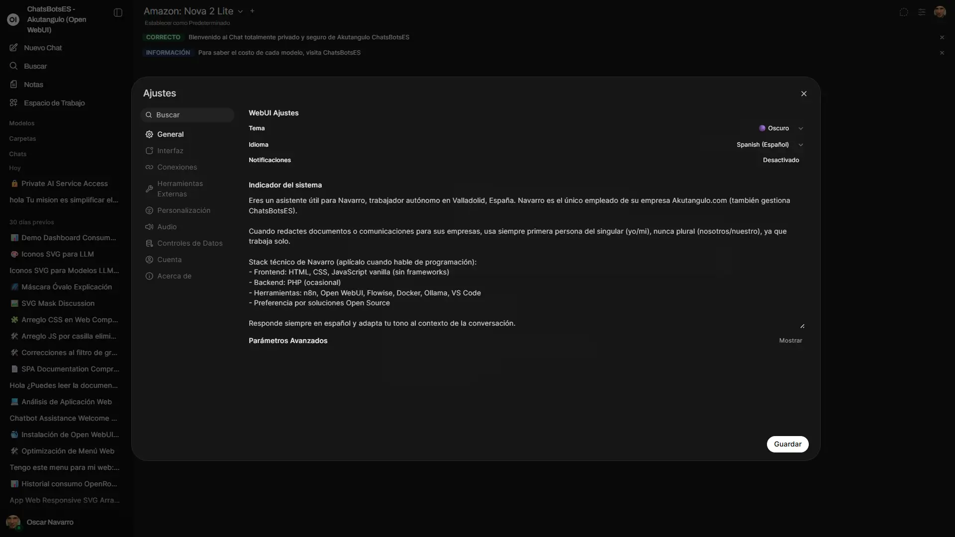Panel de ajustes de conversación en Open WebUI