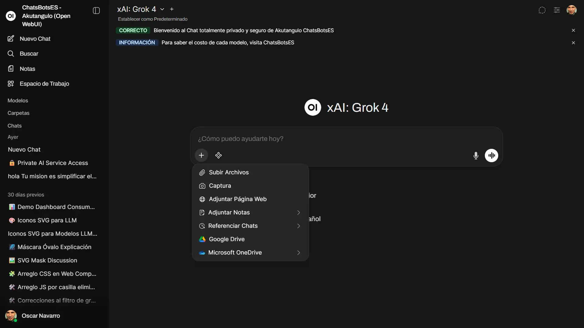 Pantalla de subida de archivos a una conversación en Open WebUI